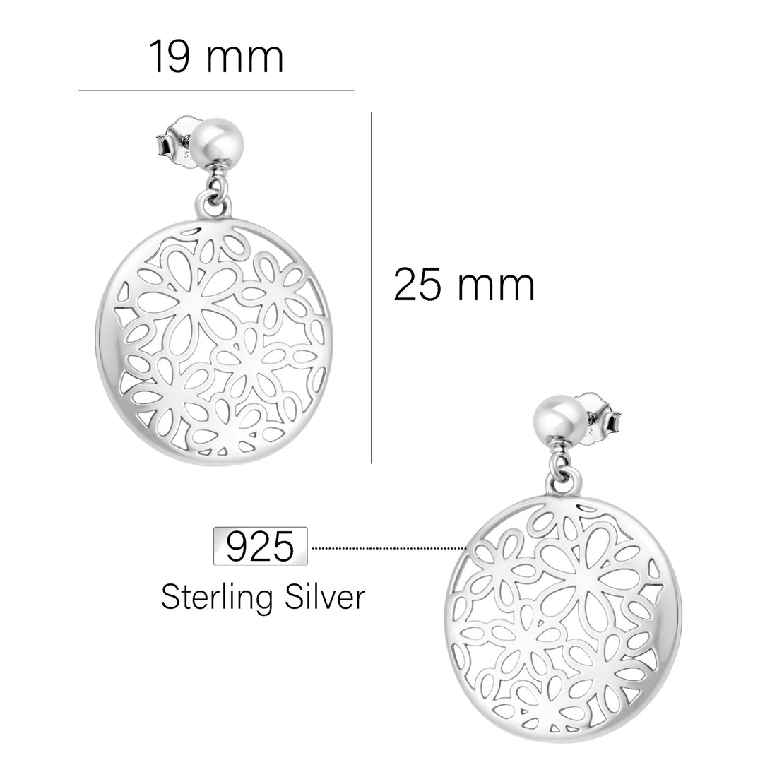 Maßenansicht von Kreis Blumen Ohrstecker in 925 Silber von Sofia Milani - E2625