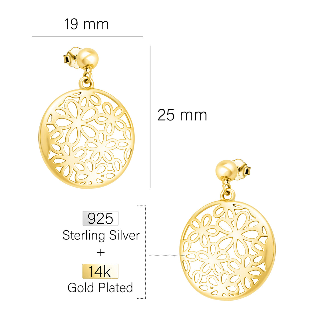 Maßenansicht von Kreis Blumen Ohrstecker in 925 Silber von Sofia Milani - E2626