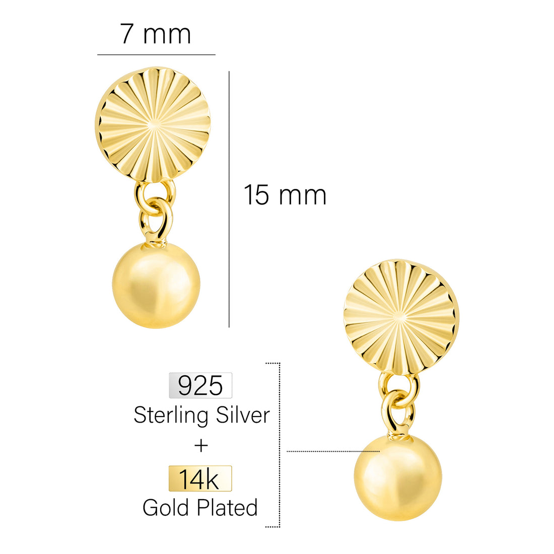 Maßenansicht von Kreis Kugel Ohrstecker in 925 Silber von Sofia Milani - E2628