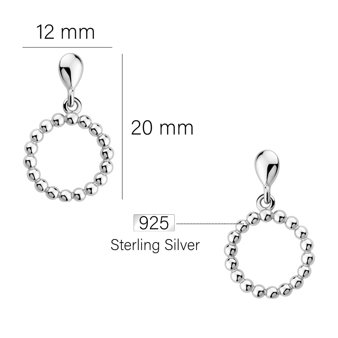 Maßenansicht von Kugel Kreis Ohrstecker in 925 Silber von Sofia Milani - E2644