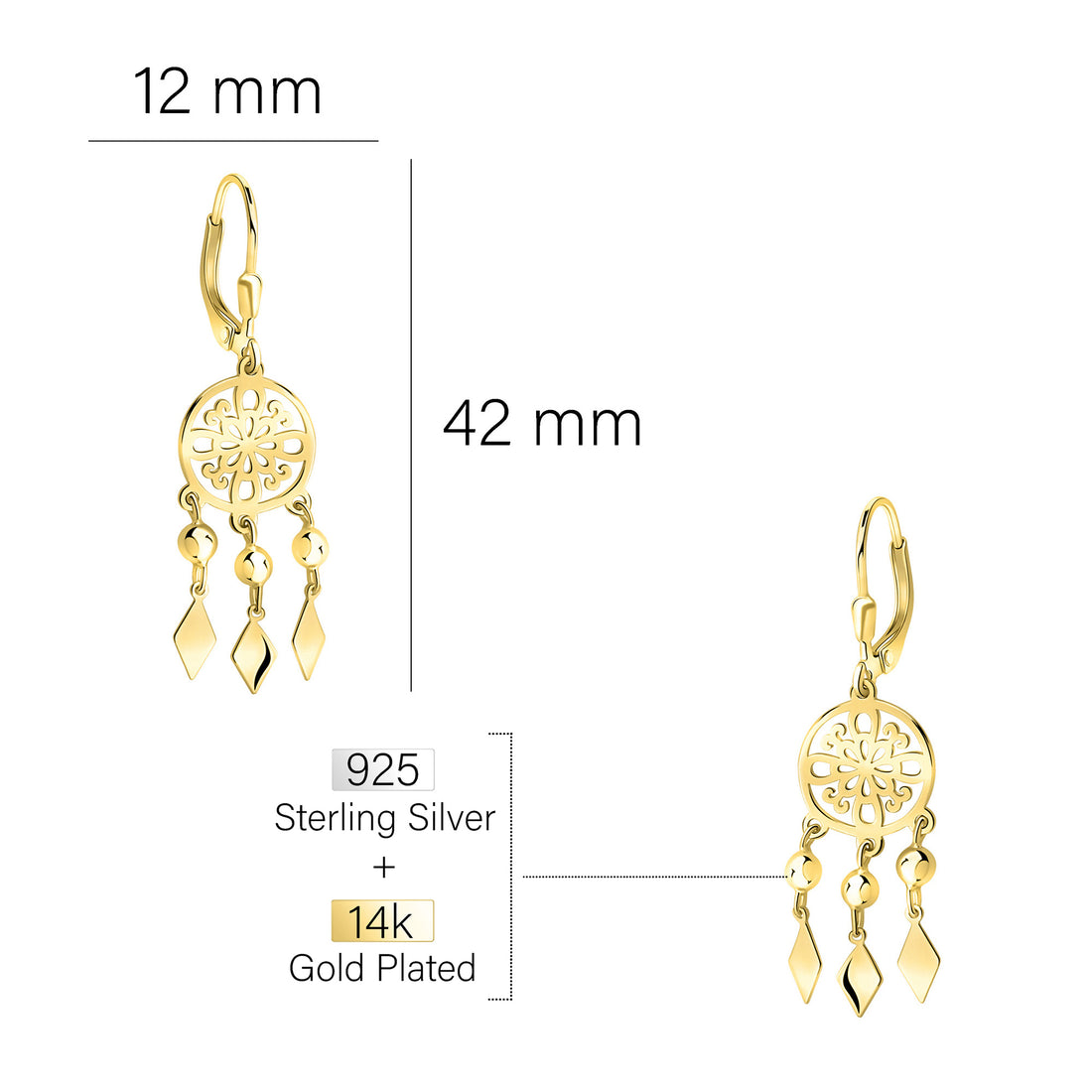 Maßenansicht von Ornamenten Traumfänger Ohrhänger in 925 Silber von Sofia Milani - E2649