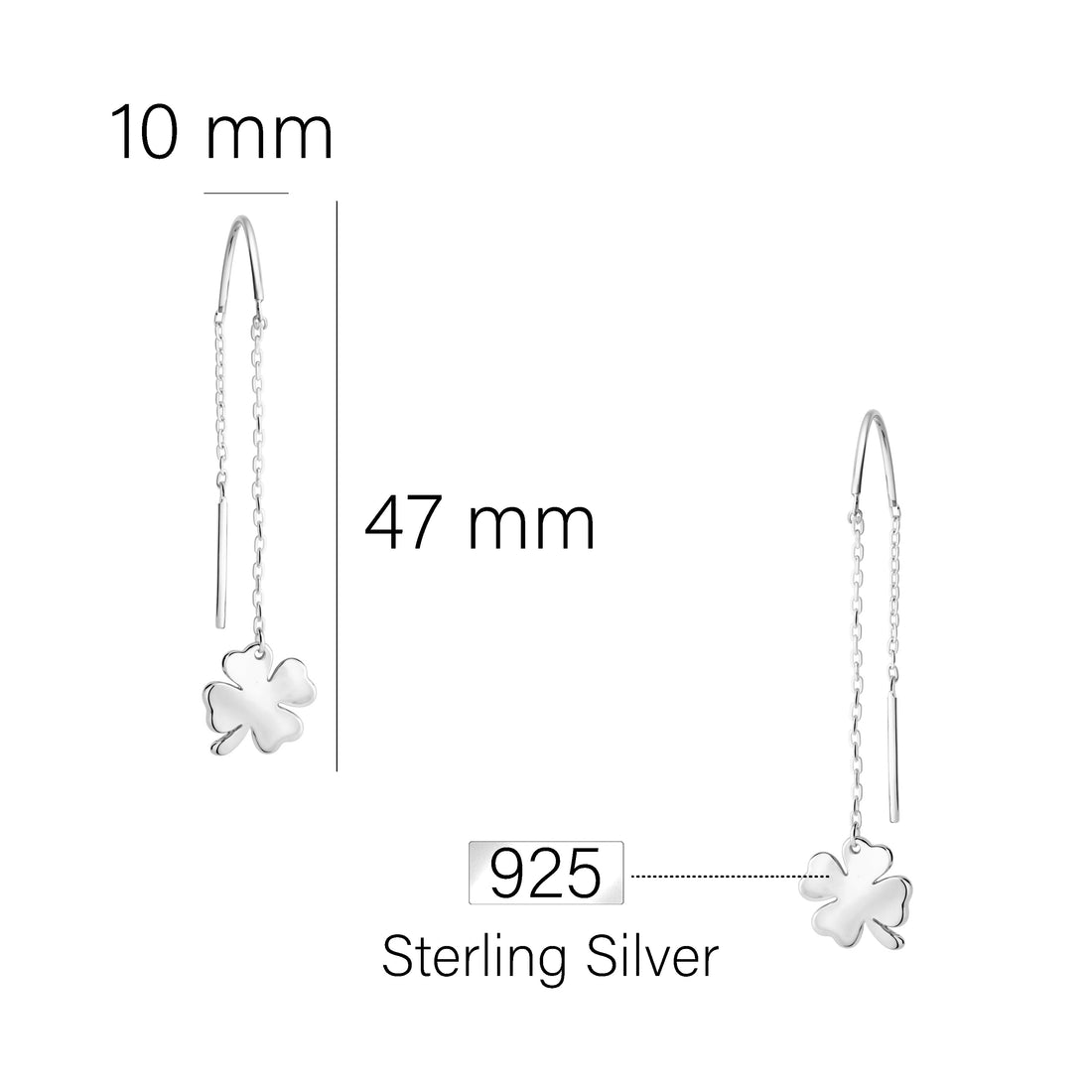 Maßenansicht von Kleeblatt Stab Durchzieher in 925 Silber von Sofia Milani - E2678