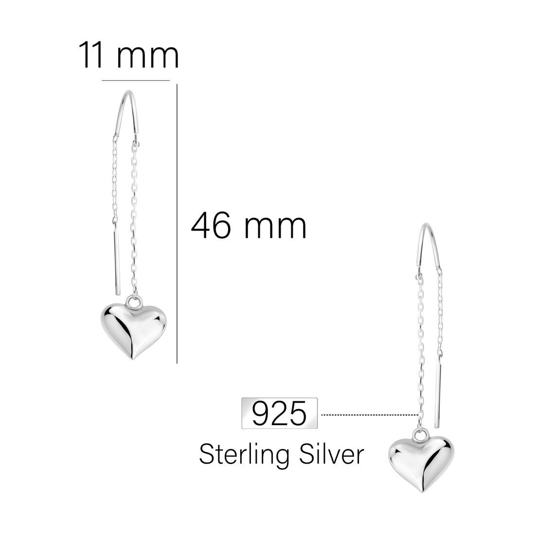 Maßenansicht von Herz Stab Durchzieher in 925 Silber von Sofia Milani - E2680