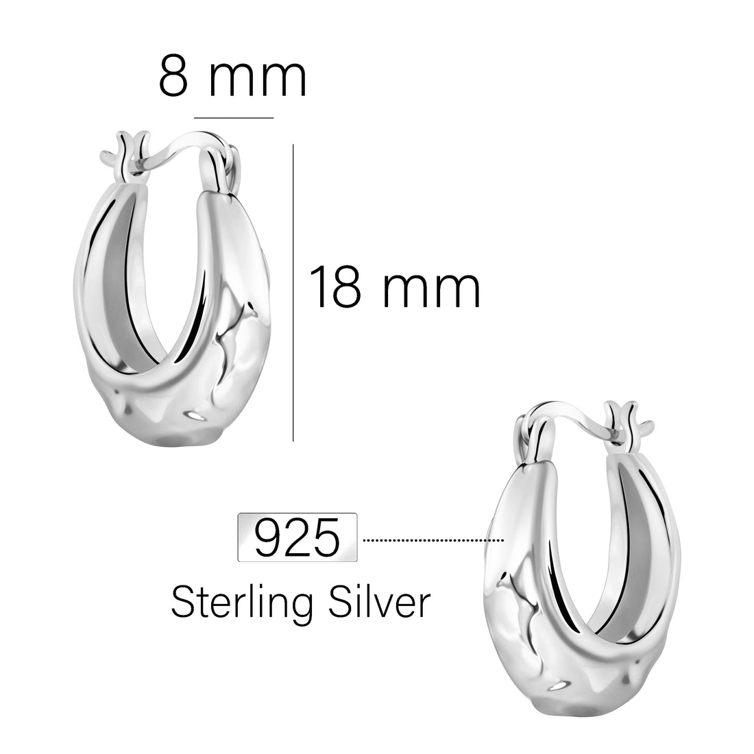 Maßenansicht von Gehämmerte Creolen in 925 Silber von Sofia Milani - E2728