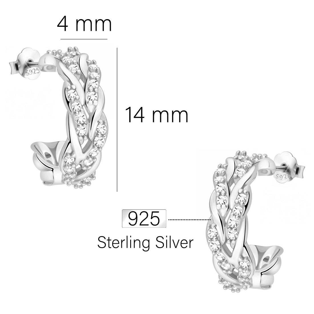 Maßenansicht von Geflochtenes Steck Creolen in 925 Silber von Sofia Milani - E2744