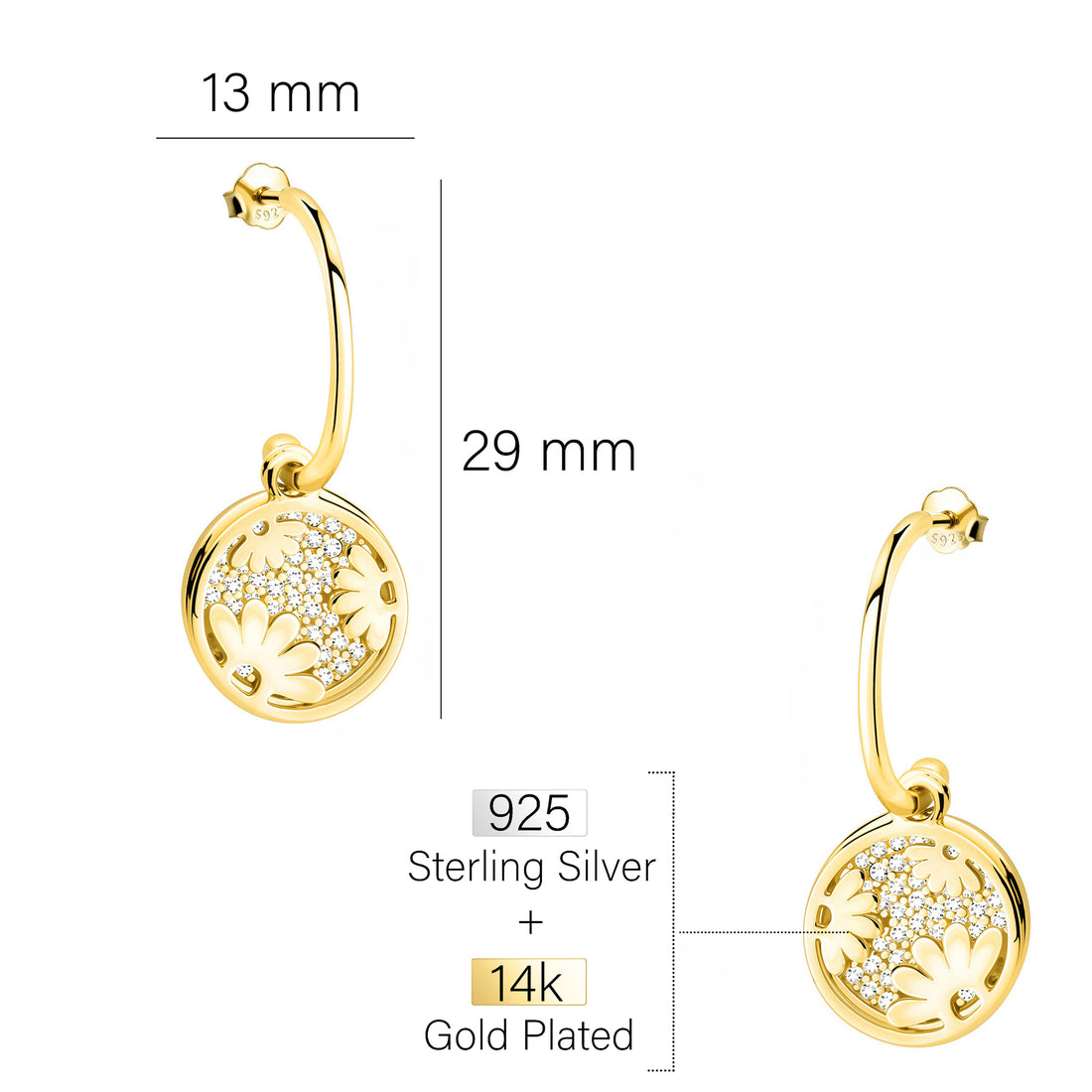 Maßenansicht von Blumen Ohrhänger in 925 Silber von Sofia Milani - E2751