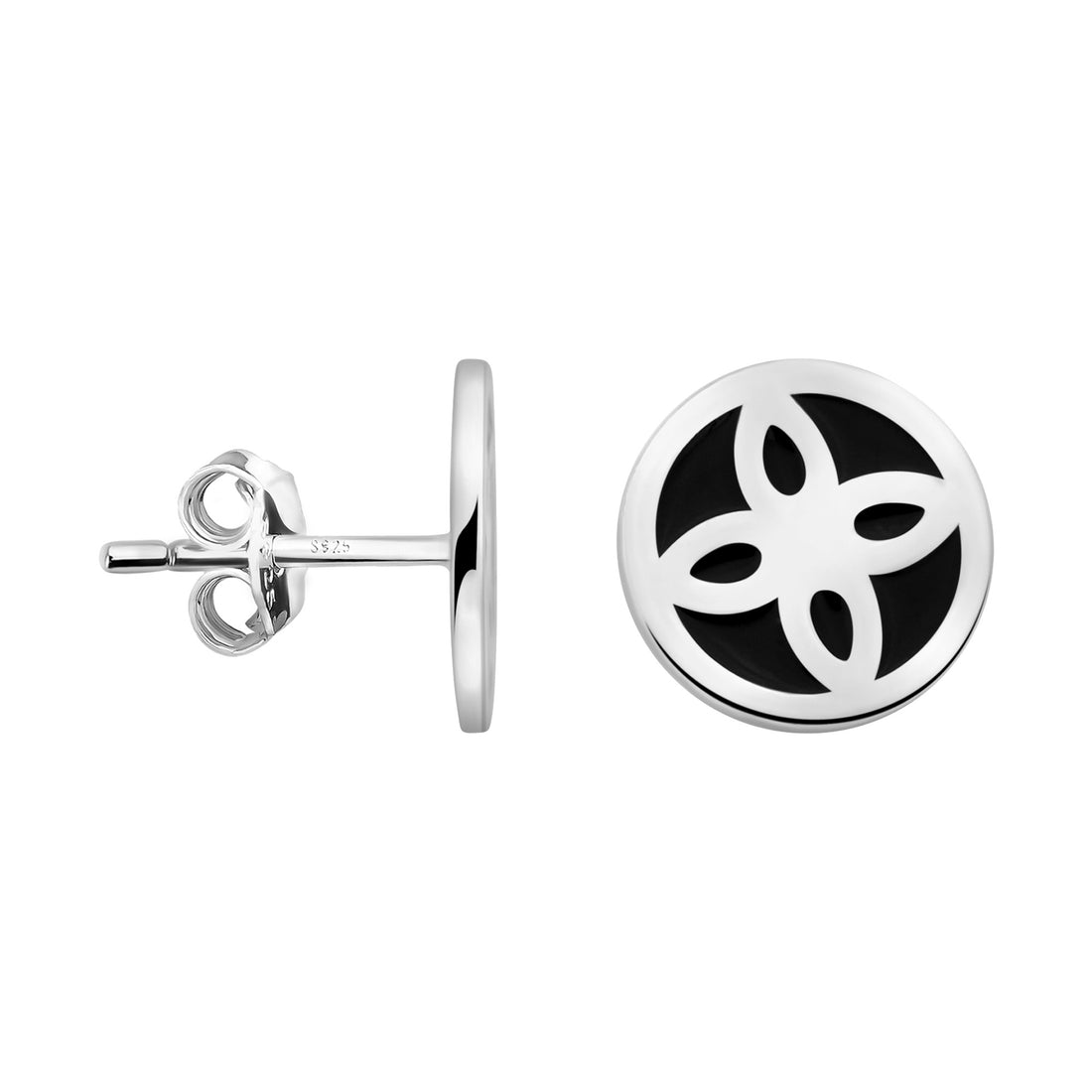 Haupt- und Seitenansicht von Schwarz Blumen Kreis Ohrstecker in 925 Silber von Sofia Milani - E2760