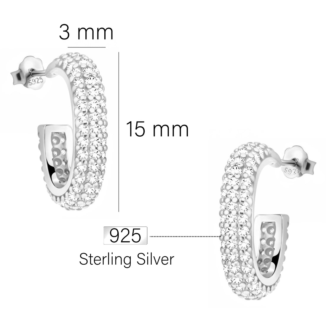 Maßenansicht von Zirkonia Steck Creolen in 925 Silber von Sofia Milani - E2778