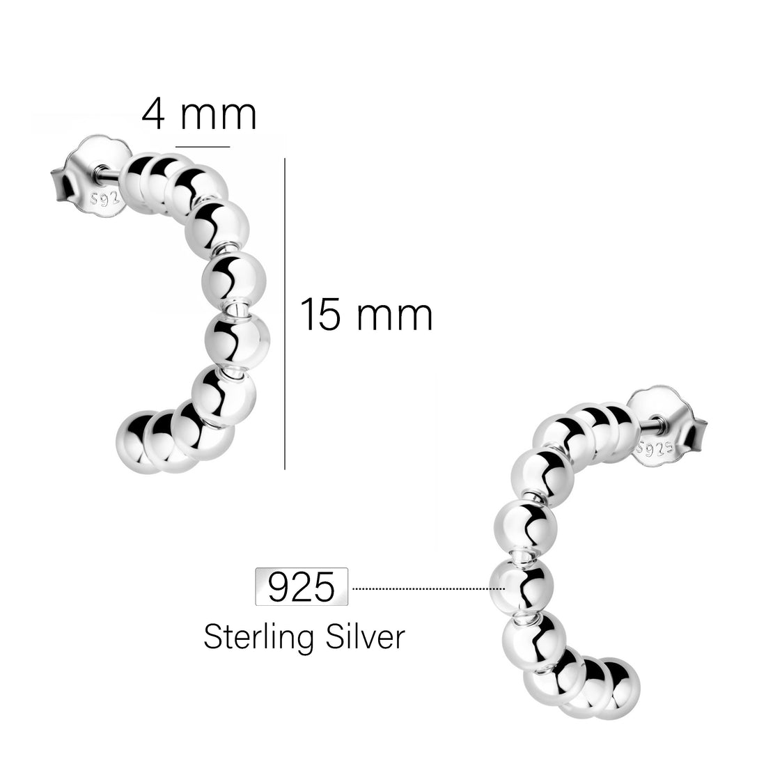 Maßenansicht von Kugel Steck Creolen in 925 Silber von Sofia Milani - E2784