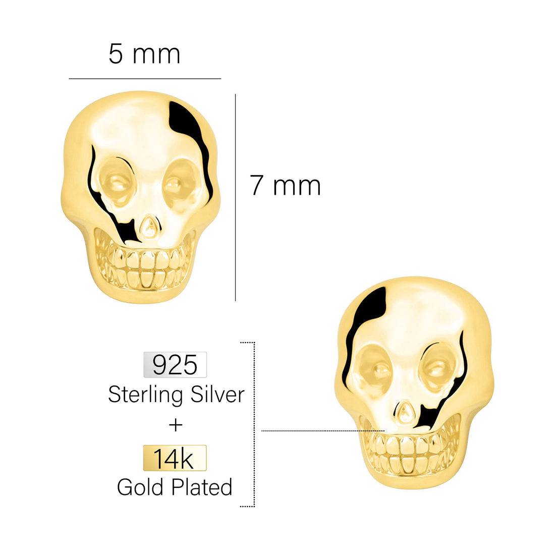 Maßenansicht von Totenkopf Ohrstecker in 925 Silber von Sofia Milani - E2803