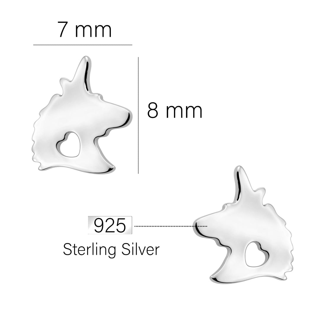 Maßenansicht von Einhorn Ohrstecker in 925 Silber von Sofia Milani - E2804