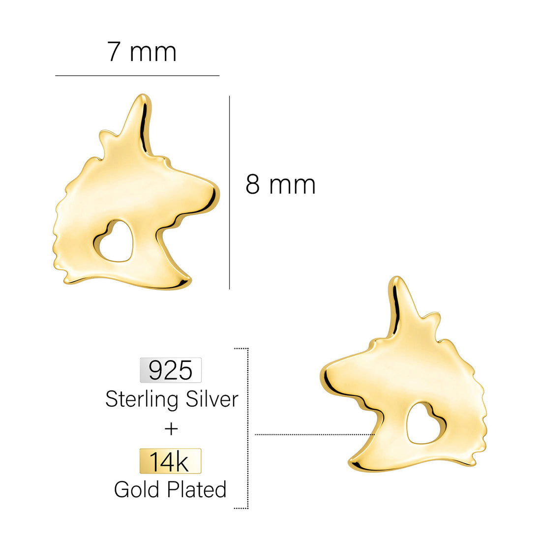 Maßenansicht von Einhorn Ohrstecker in 925 Silber von Sofia Milani - E2805