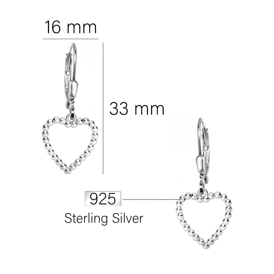 Maßenansicht von Herz Ohrhänger in 925 Silber von Sofia Milani - E2816