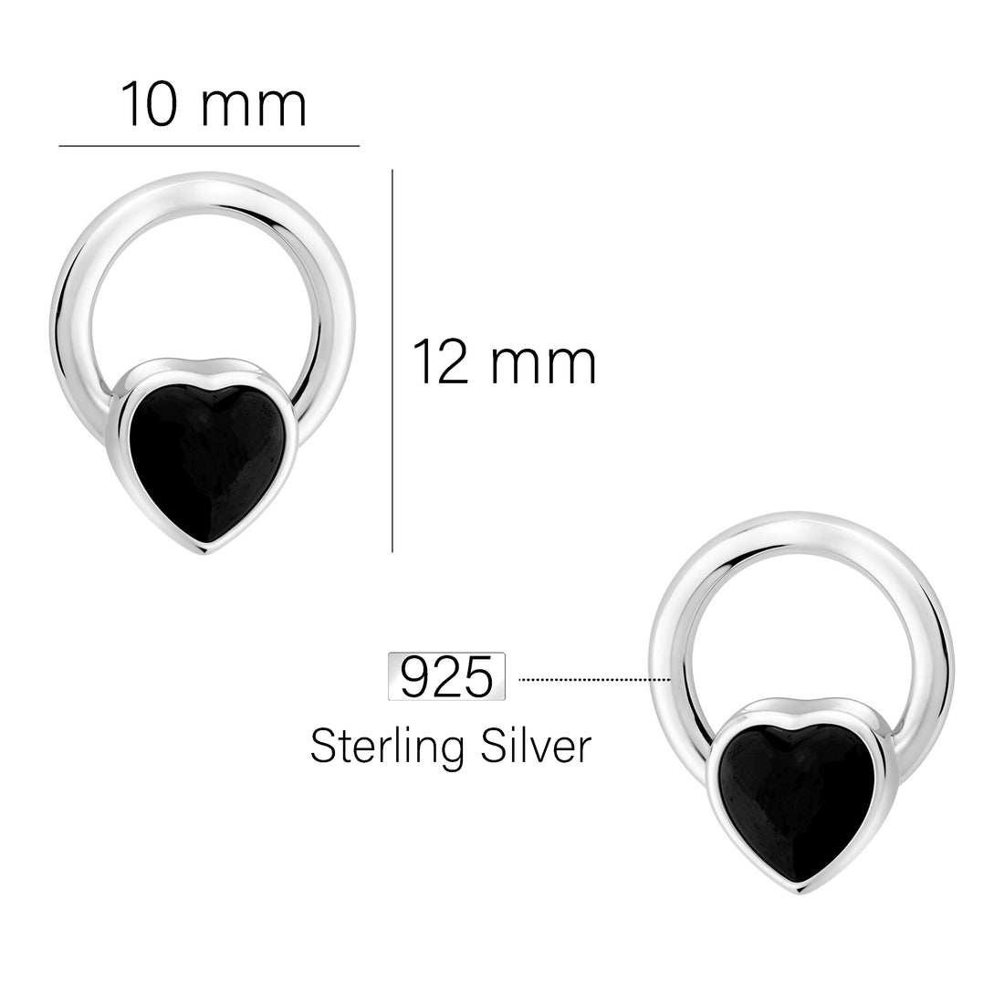 Maßenansicht von Schwarzes Herz Kreis Ohrstecker in 925 Silber von Sofia Milani - E2862