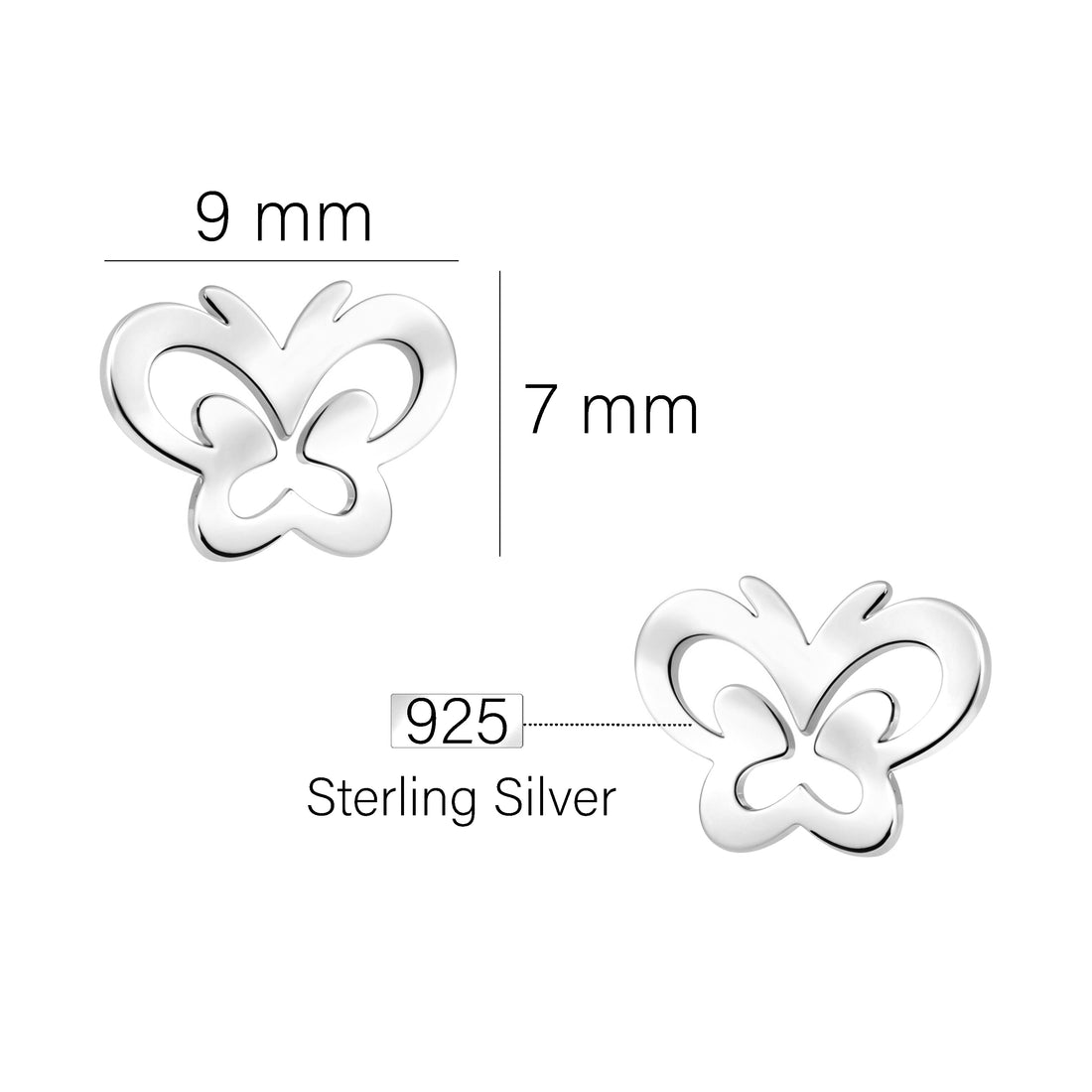 Maßenansicht von Schmetterling Ohrstecker in 925 Silber von Sofia Milani - E2872