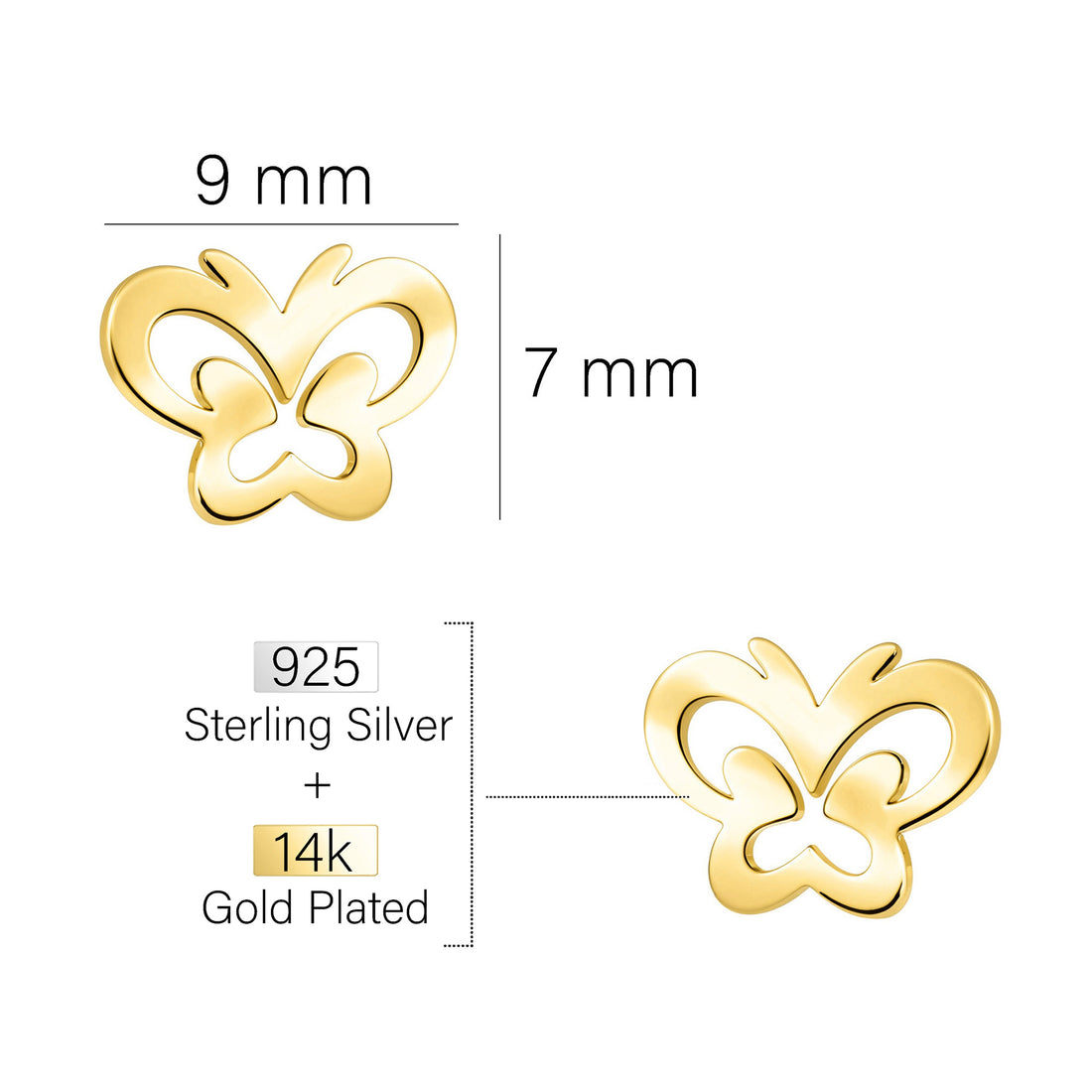 Maßenansicht von Schmetterling Ohrstecker in 925 Silber von Sofia Milani - E2873