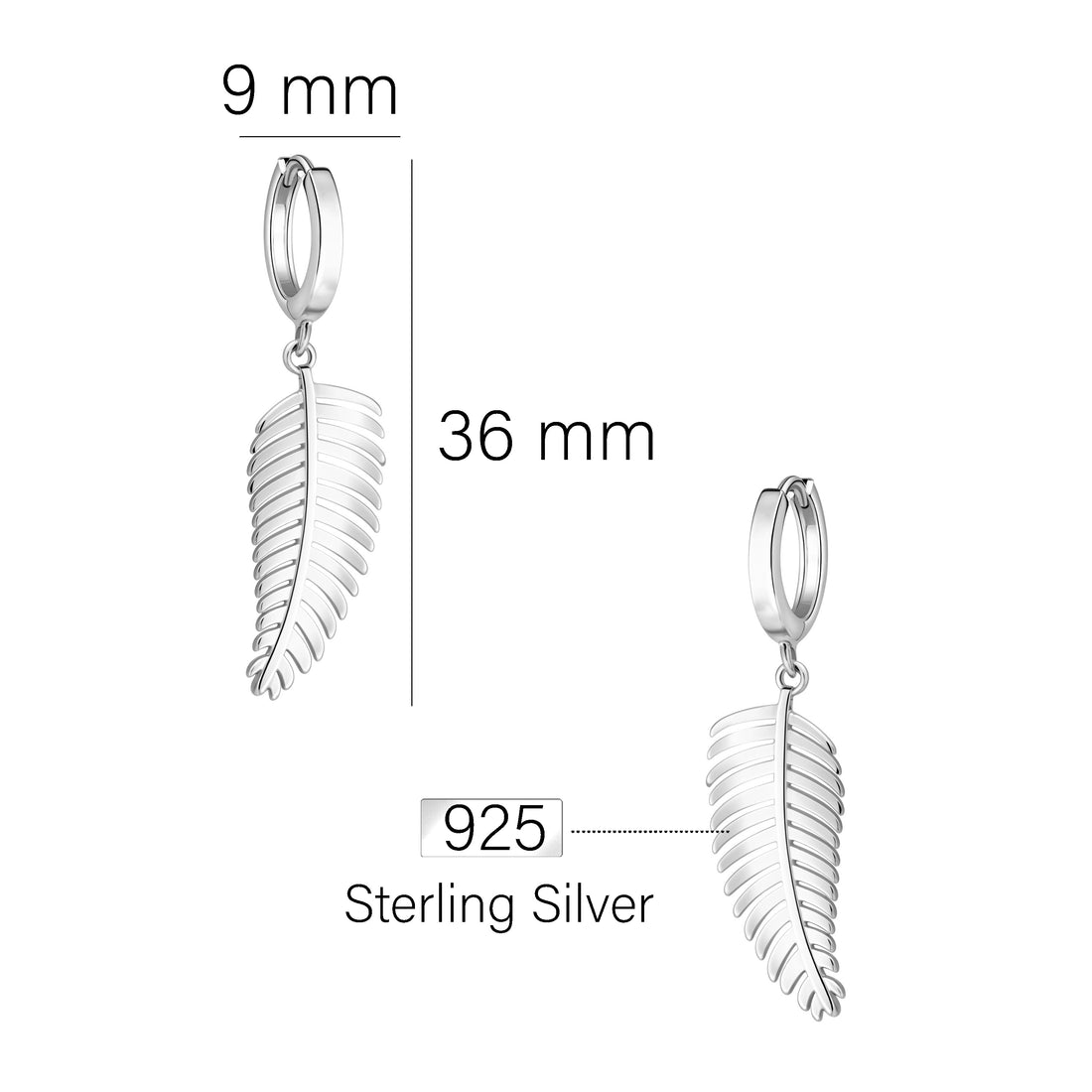 Maßenansicht von Blatt Ohrhänger in 925 Silber von Sofia Milani - E2878