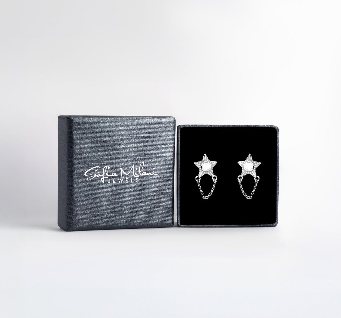 Boxansicht von Sternen Ketten Ohrstecker in 925 Silber von Sofia Milani - E2890