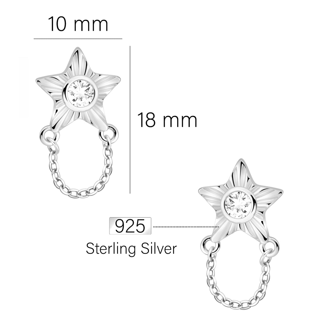 Maßenansicht von Sternen Ketten Ohrstecker in 925 Silber von Sofia Milani - E2890
