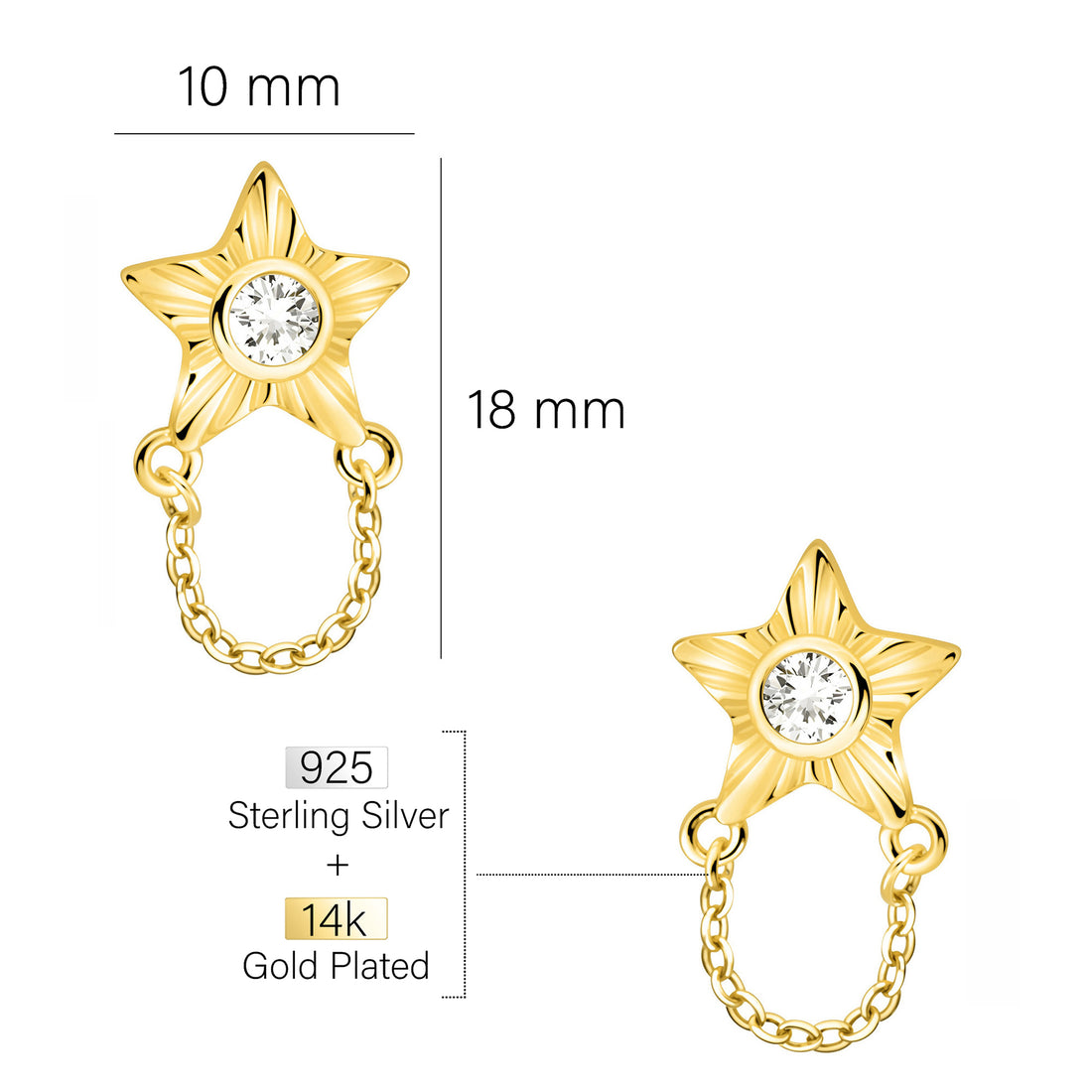 Maßenansicht von Sternen Ketten Ohrstecker in 925 Silber von Sofia Milani - E2891