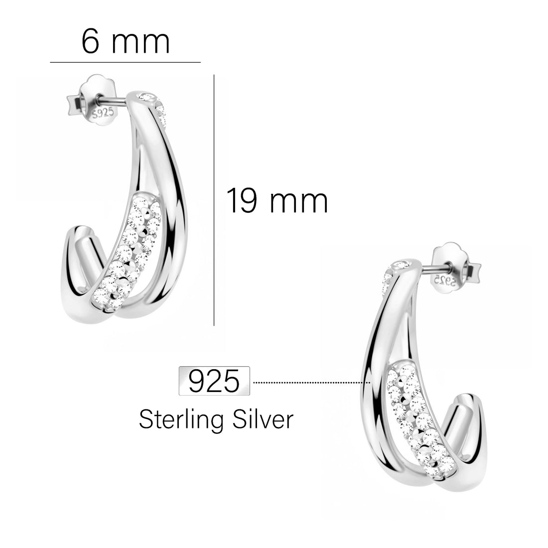Maßenansicht von Geometrie Steck Creolen in 925 Silber von Sofia Milani - E2894