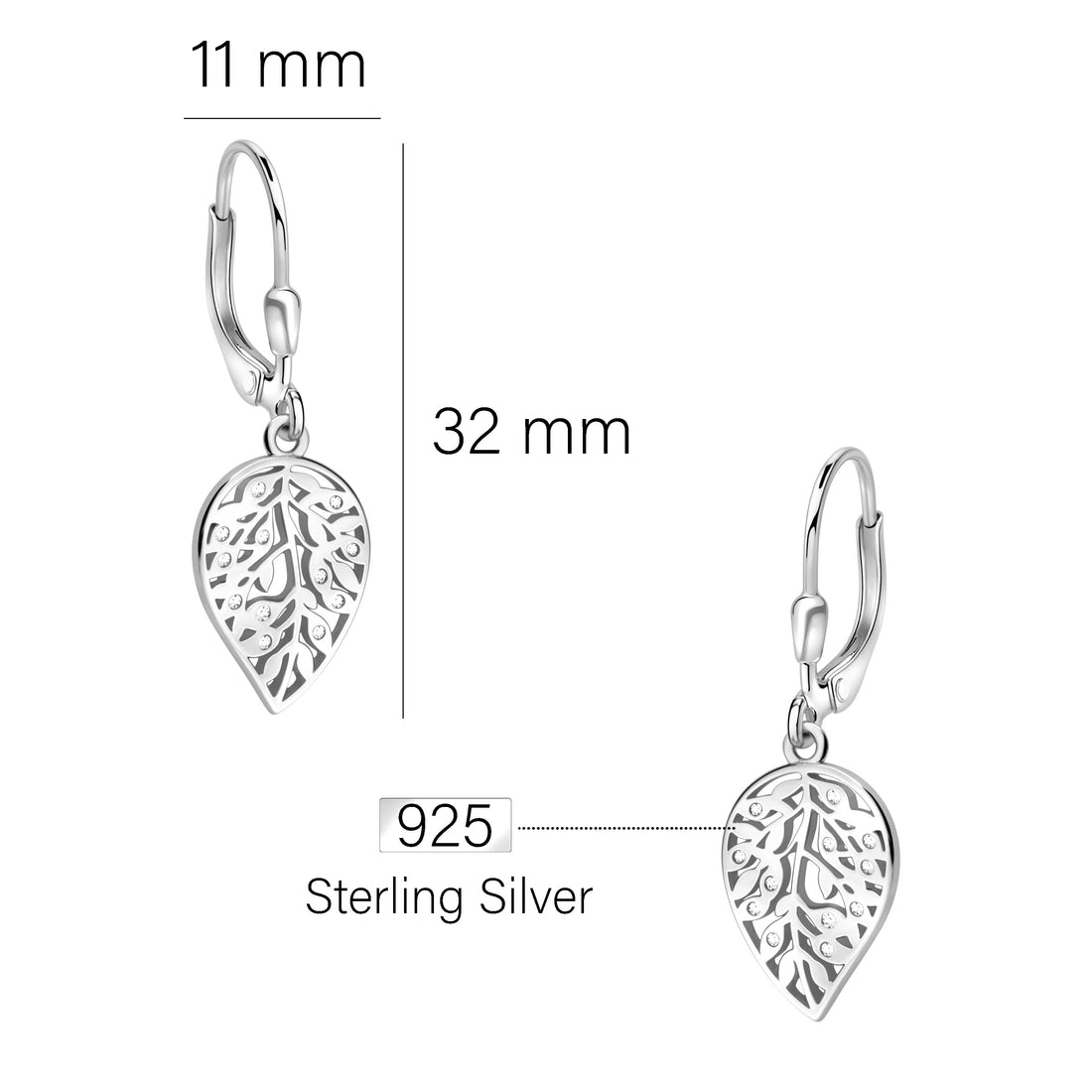 Maßenansicht von Blatt Ohrhänger in 925 Silber von Sofia Milani - E2920