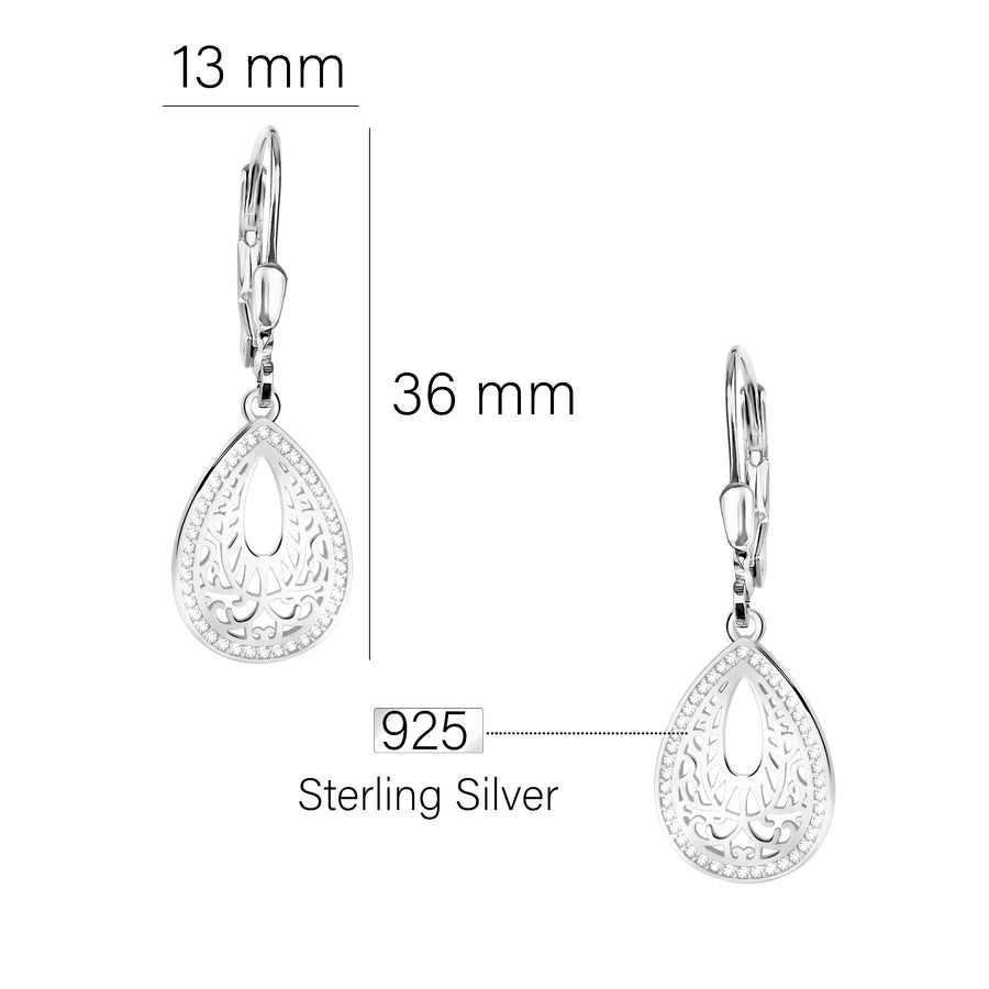 Maßenansicht von Ovales Ornament Ohrhänger in 925 Silber von Sofia Milani - E2924