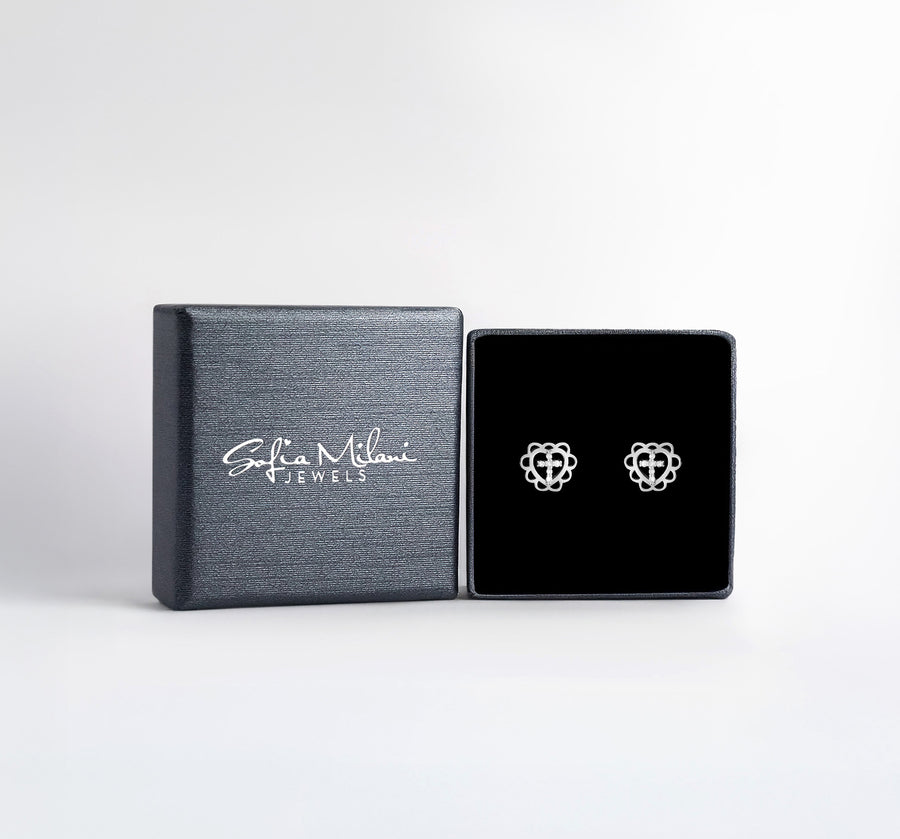 Boxansicht von Herz Blume Kreuz Ohrstecker in 925 Silber von Sofia Milani - E2928