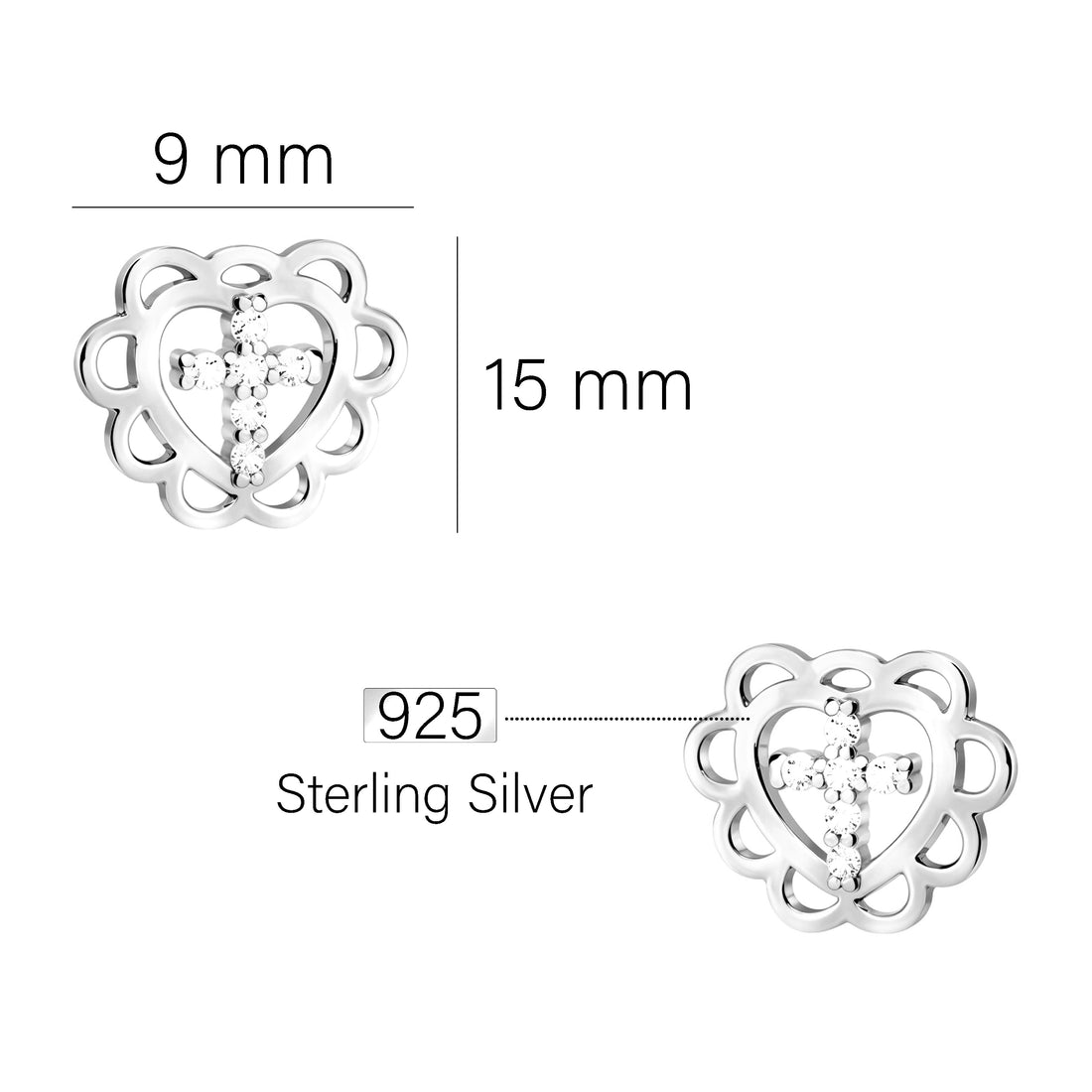 Maßenansicht von Herz Blume Kreuz Ohrstecker in 925 Silber von Sofia Milani - E2928