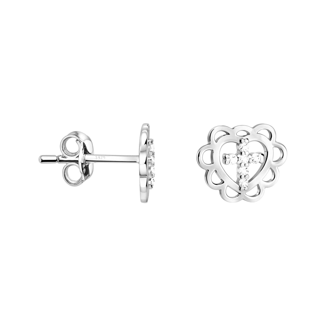 Haupt- und Seitenansicht von Herz Blume Kreuz Ohrstecker in 925 Silber von Sofia Milani - E2928
