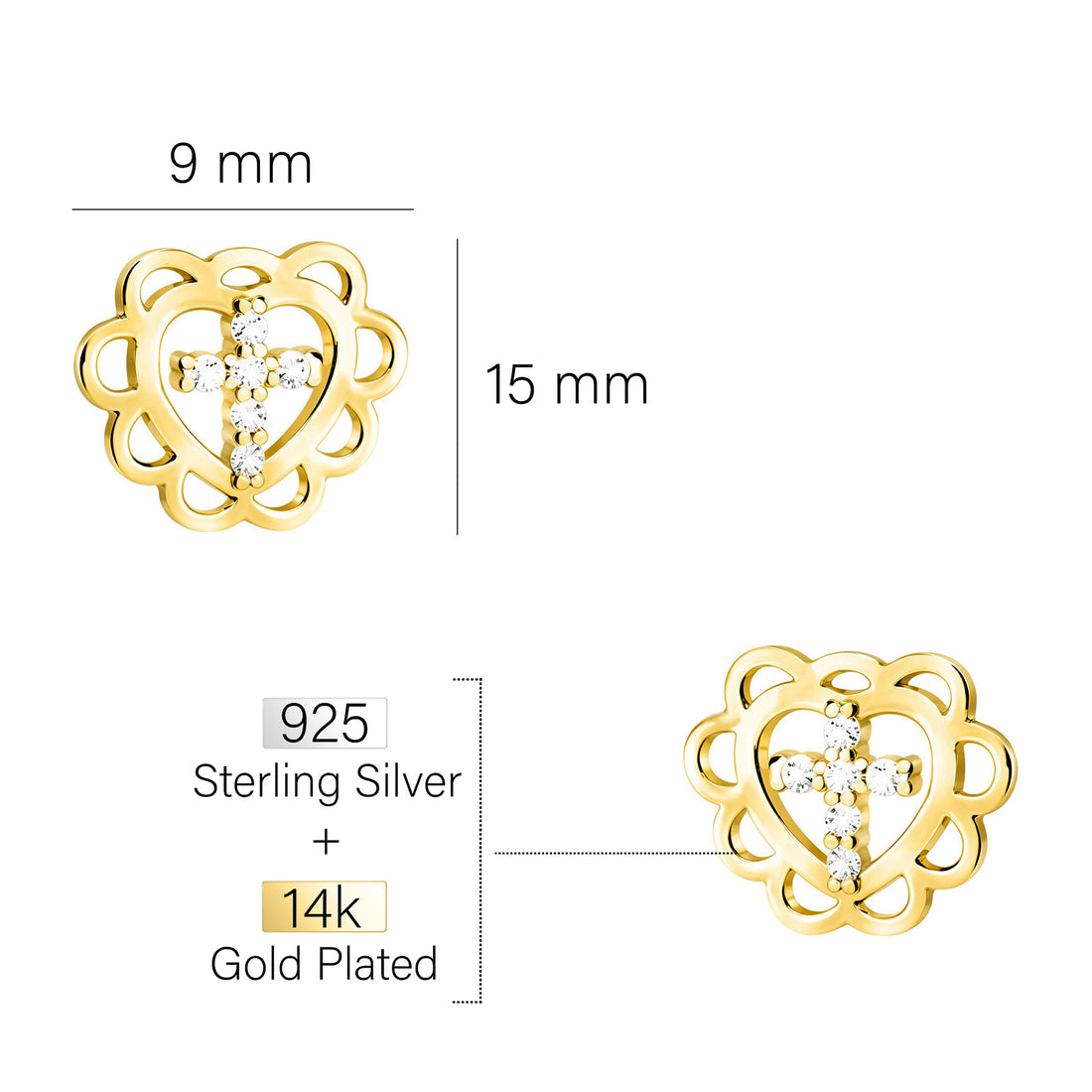 Maßenansicht von Herz Blume Kreuz Ohrstecker in 925 Silber von Sofia Milani - E2929