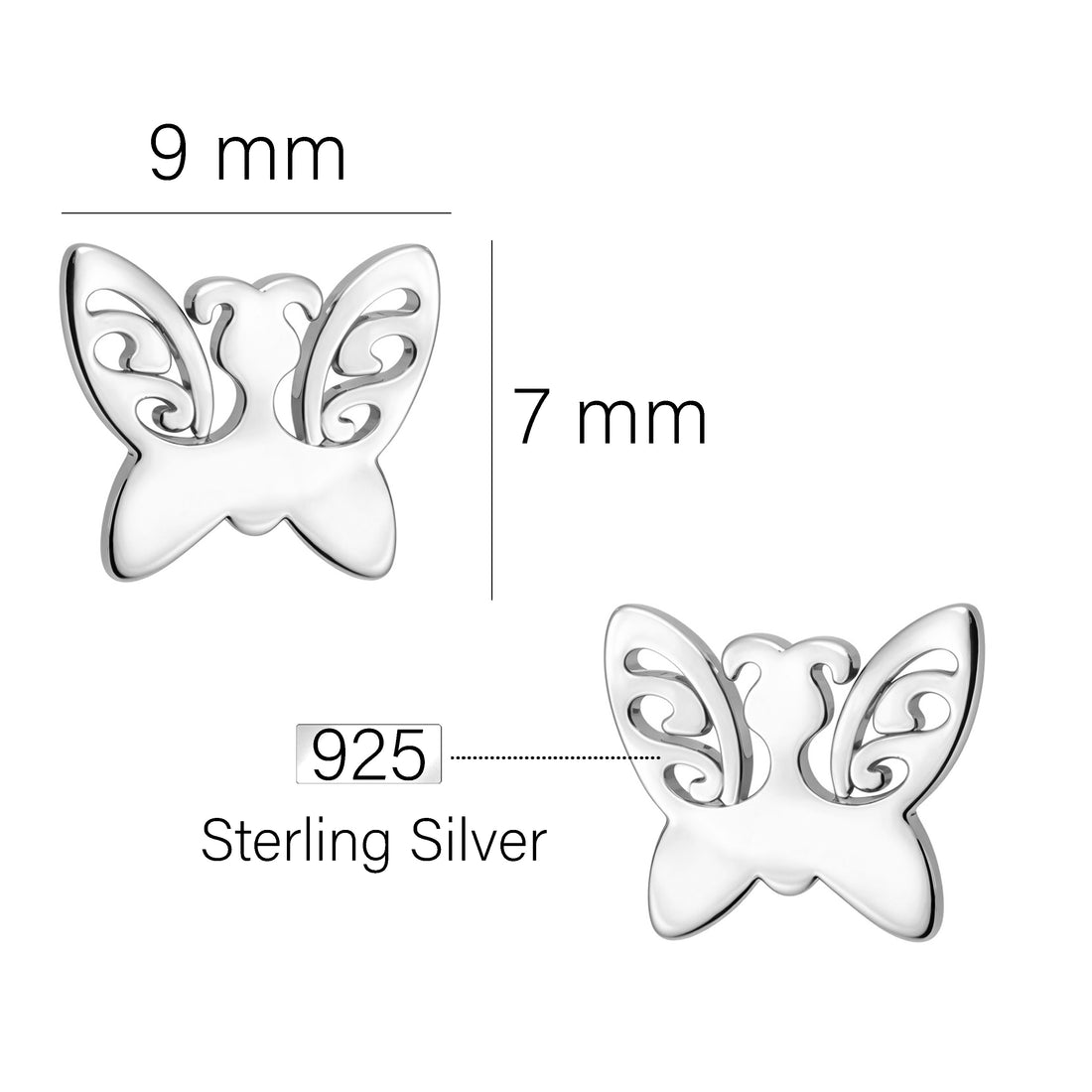 Maßenansicht von Schmetterling Ohrstecker in 925 Silber von Sofia Milani - E2936