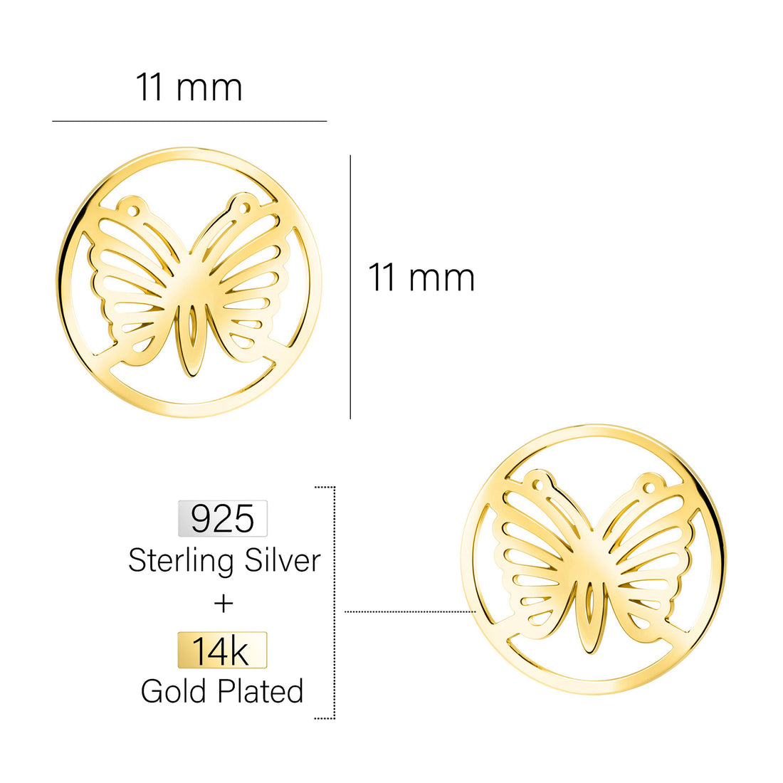 Maßenansicht von Schmetterling Kreis Ohrstecker in 925 Silber von Sofia Milani - E2947