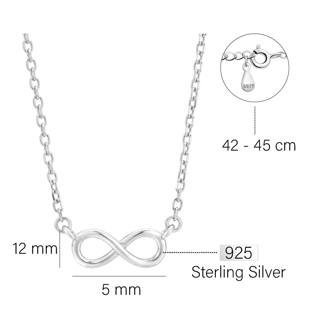 Maßenansicht von Unendlich Infinity Halskette in 925 Silber von Sofia Milani - N0060