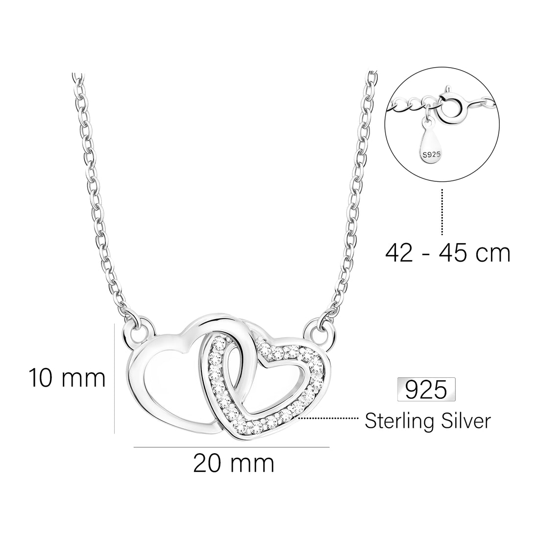 Maßenansicht von Herz Halskette in 925 Silber von Sofia Milani - N0165