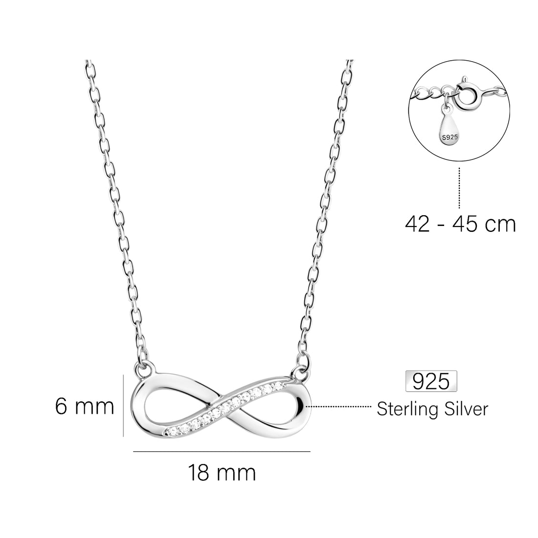 Maßenansicht von Unendlich Infinity Halskette in 925 Silber von Sofia Milani - N0273