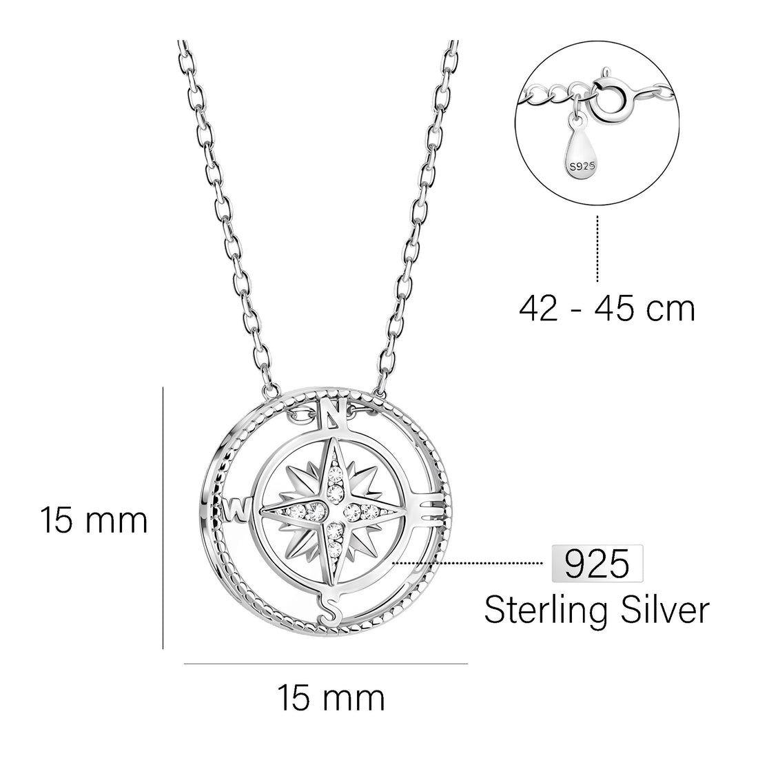 Kompass Halskette in 925 Silber