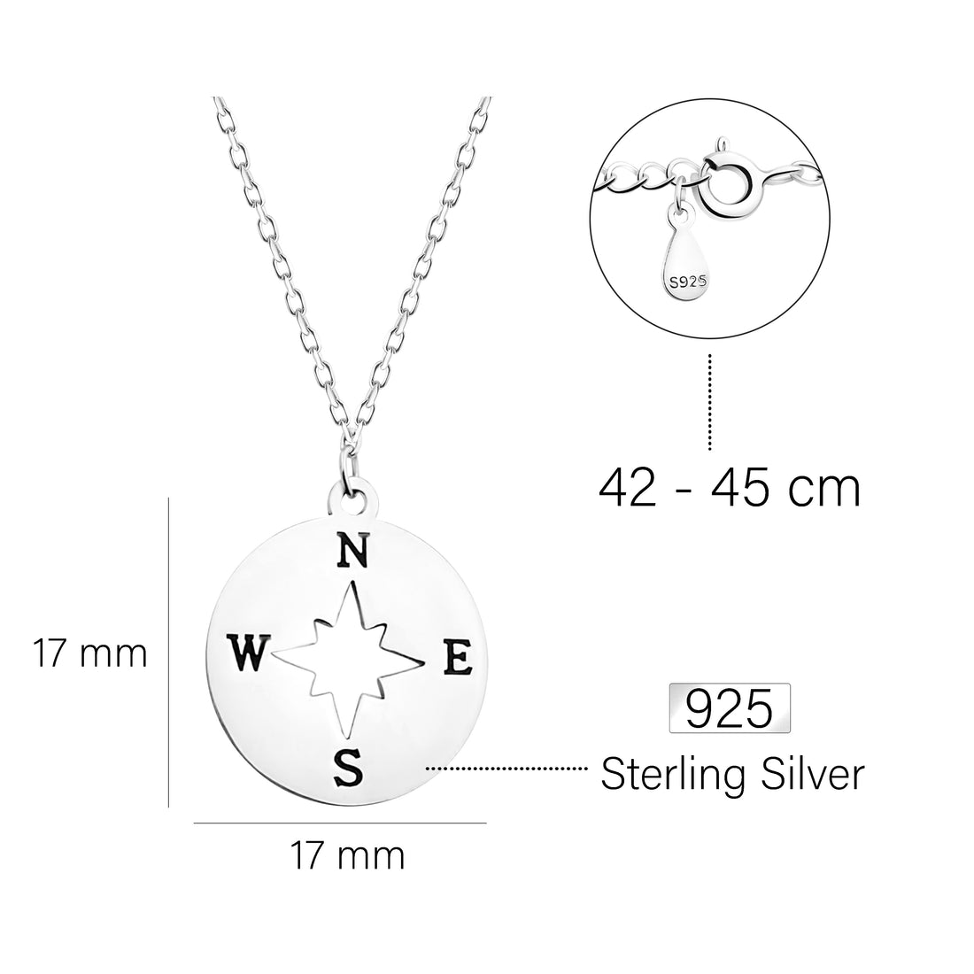 Kompass Halskette in 925 Silber