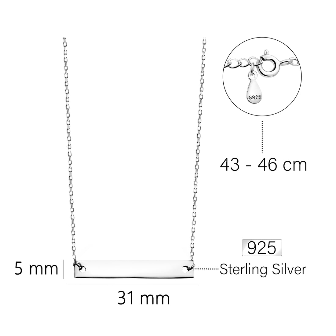 Maßenansicht von Stab Halskette in 925 Silber von Sofia Milani - N0505