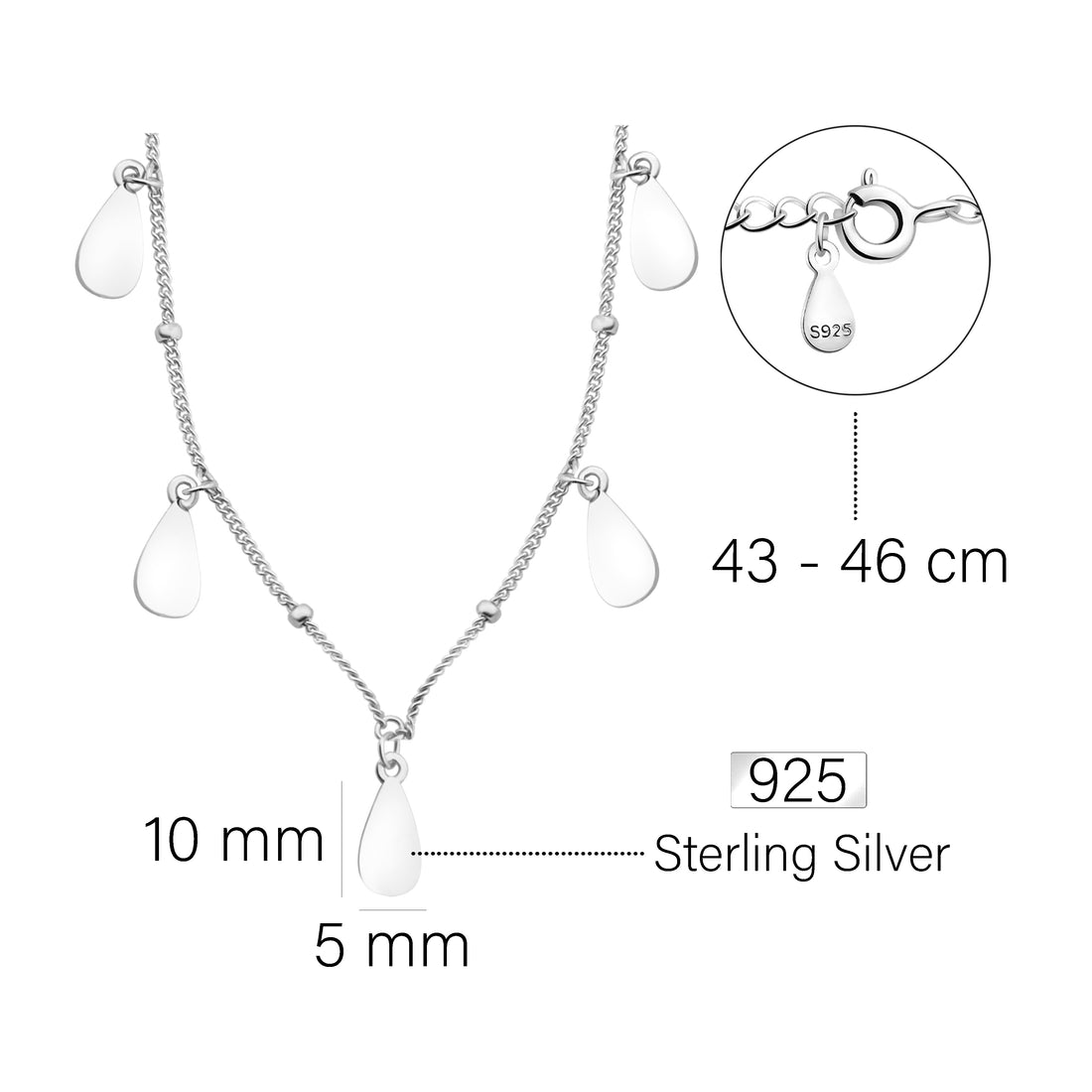Maßenansicht von Plättchen Kugel Halskette in 925 Silber von Sofia Milani - N0509