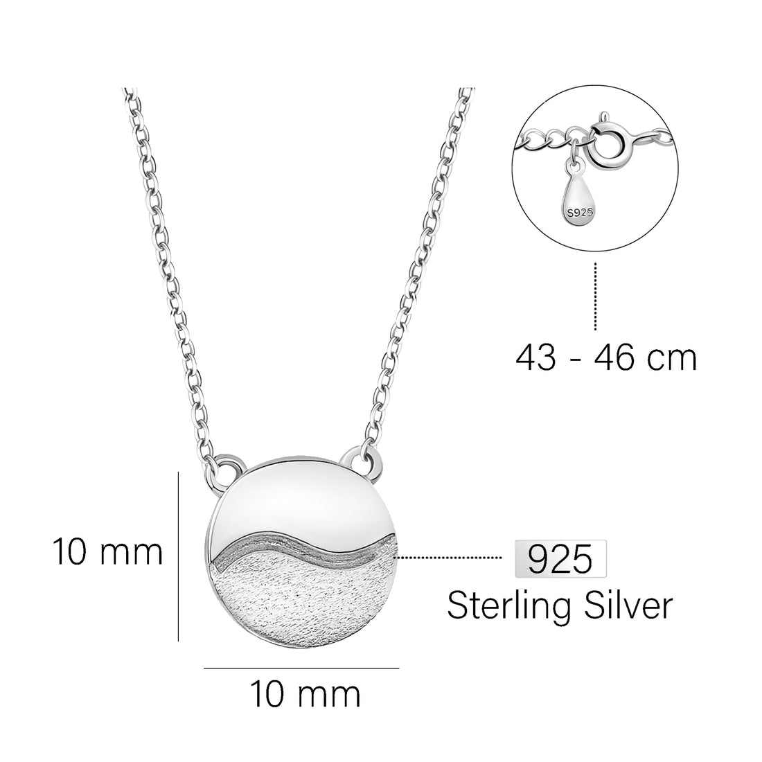 Maßenansicht von Ying und Yang Kreis Halskette in 925 Silber von Sofia Milani - N0540