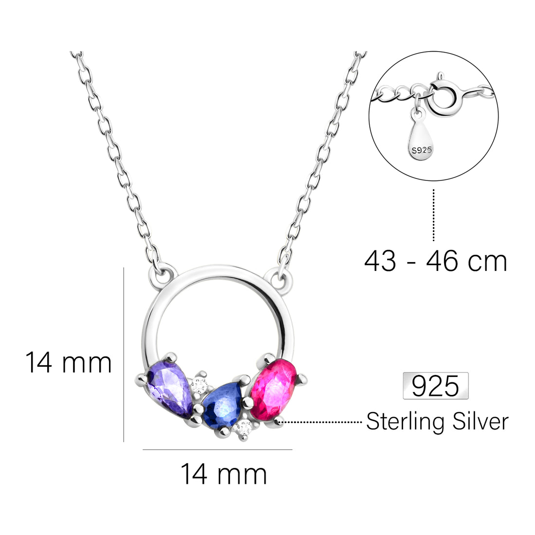 Maßenansicht von Kreis Zirkonia Halskette in 925 Silber von Sofia Milani - N0560