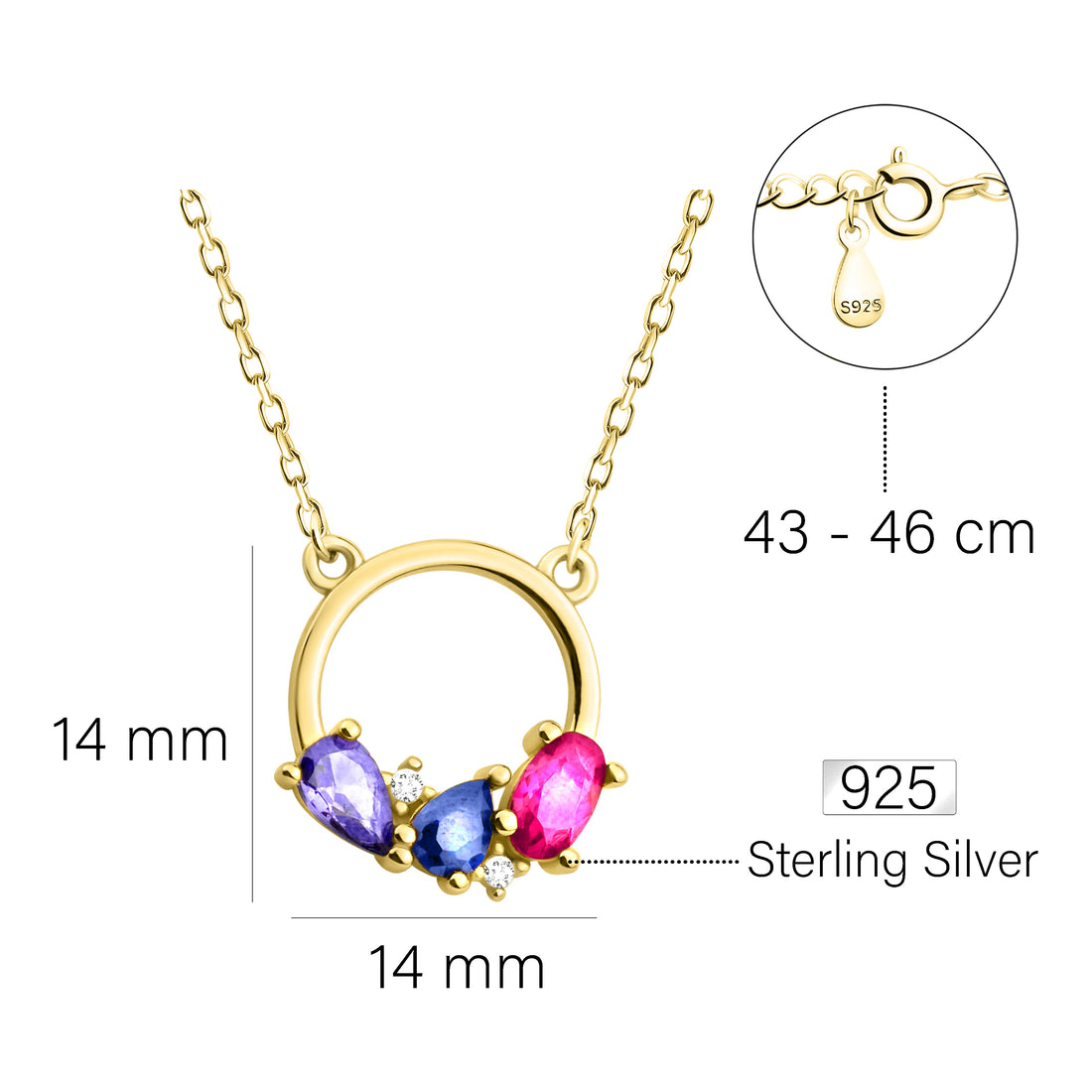 Maßenansicht von Kreis Zirkonia Halskette in 925 Silber von Sofia Milani - N0561