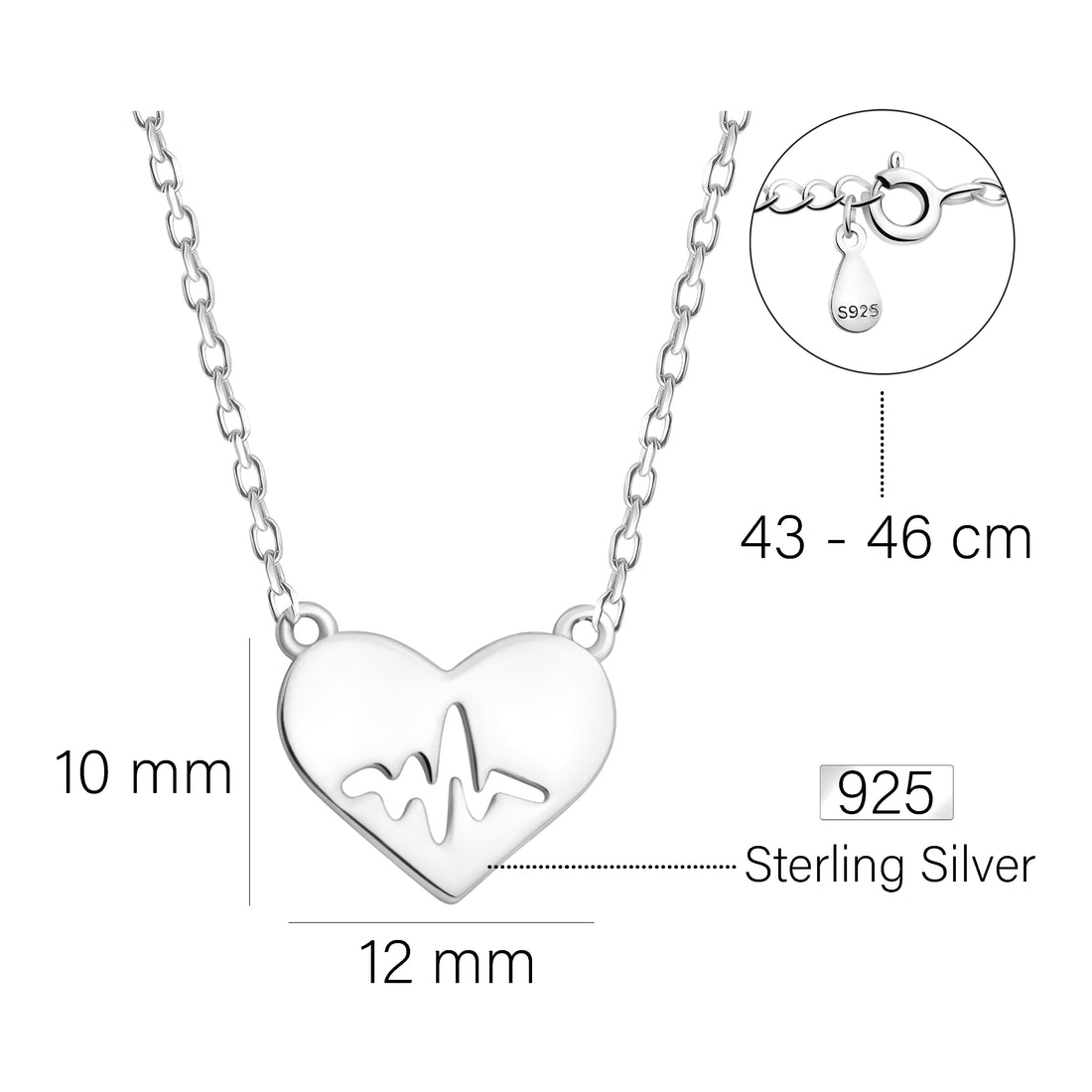 Maßenansicht von Herzschlag Halskette in 925 Silber von Sofia Milani - N0568