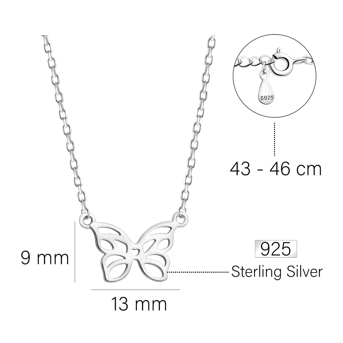 Maßenansicht von Schmetterling Halskette in 925 Silber von Sofia Milani - N0572