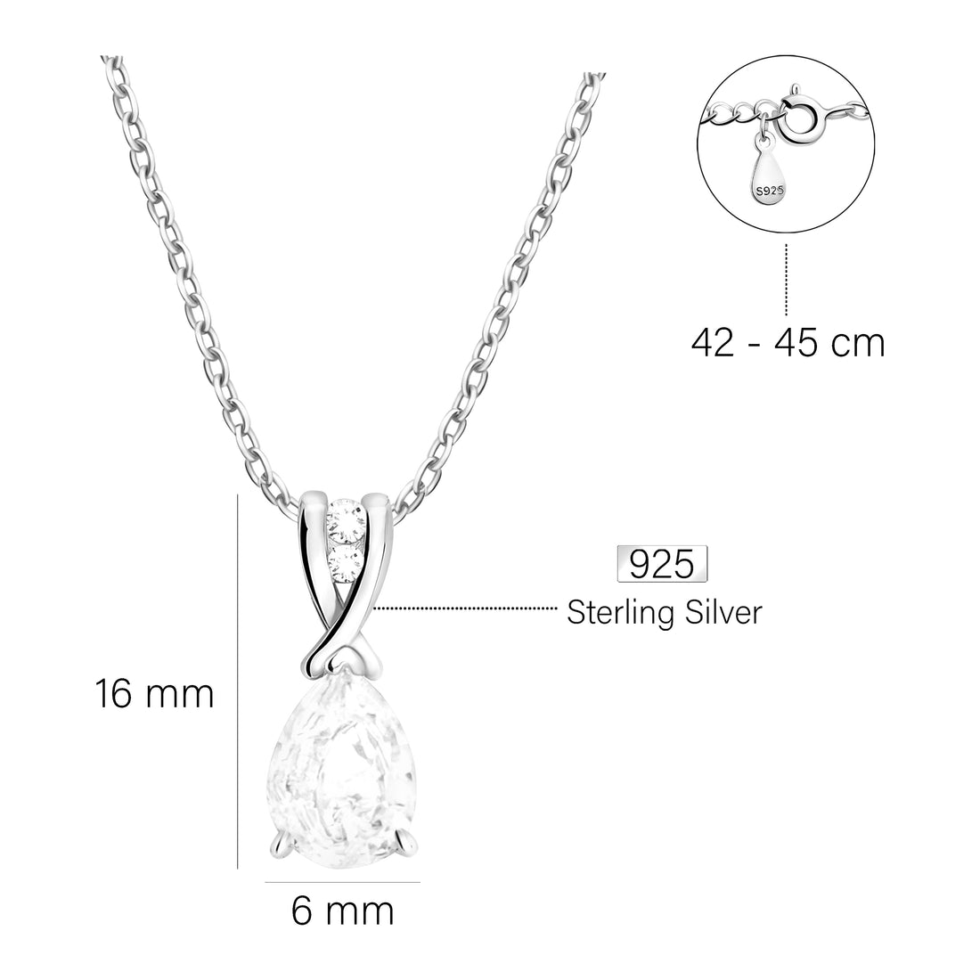 Maßenansicht von Zirkonia Halskette in 925 Silber von Sofia Milani - N0582