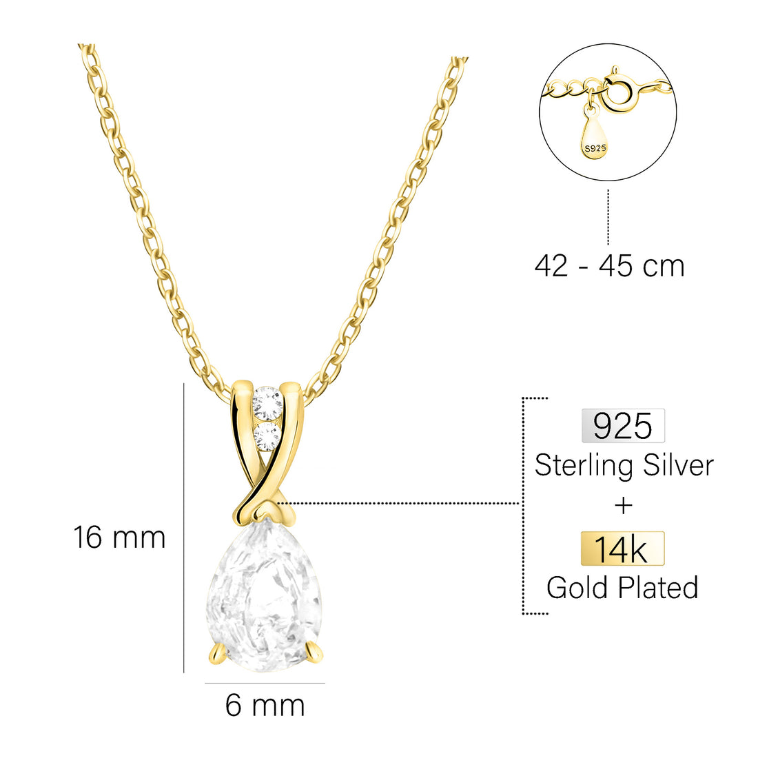 Maßenansicht von Zirkonia Halskette in 925 Silber von Sofia Milani - N0583