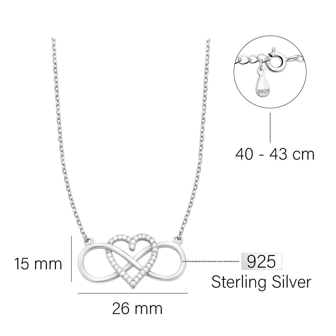 Maßenansicht von Herz Unendlichkeit Halskette in 925 Silber von Sofia Milani - N0584