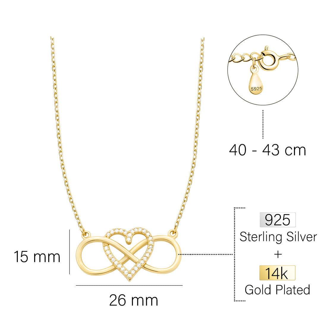 Maßenansicht von Herz Unendlichkeit Halskette in 925 Silber von Sofia Milani - N0585