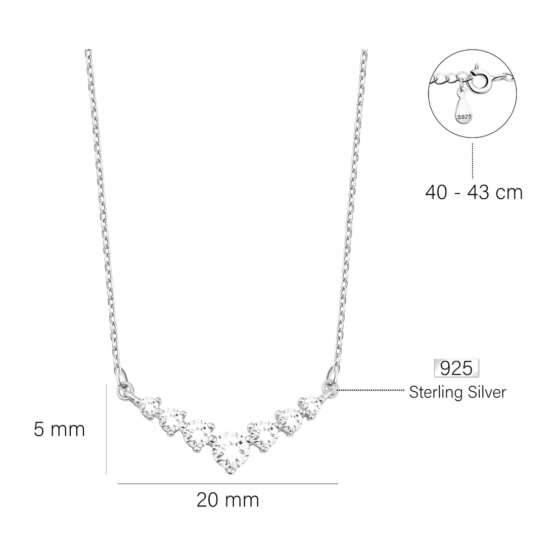 Maßenansicht von Zirkonia Halskette in 925 Silber von Sofia Milani - N0586